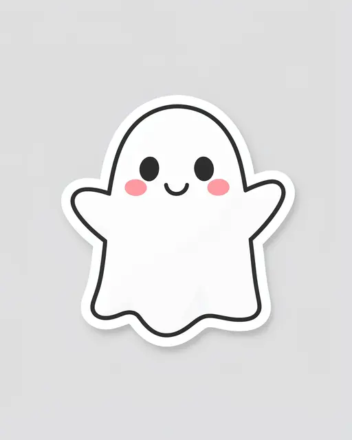 A flat die-cut sticker of a smiling cute ghost with rosy cheeks on a light gray background