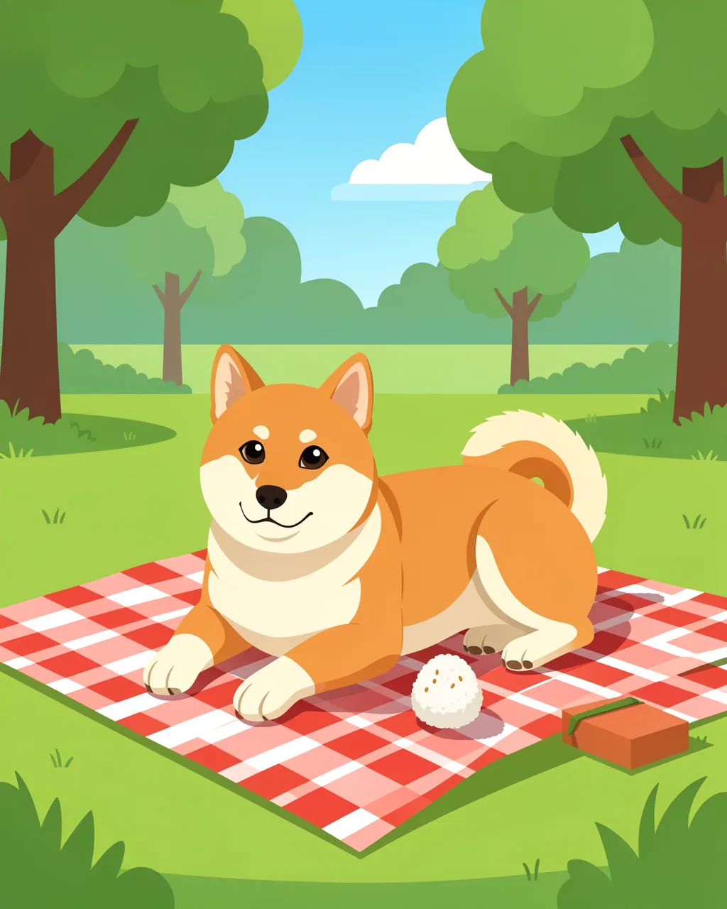 A smiling shiba inu lies on a checkered picnic blanket next to a rice ball in a sunny park