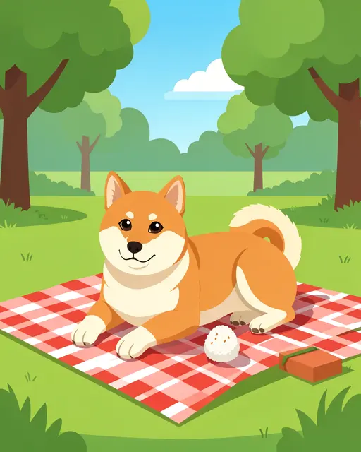 A smiling shiba inu lies on a checkered picnic blanket next to a rice ball in a sunny park