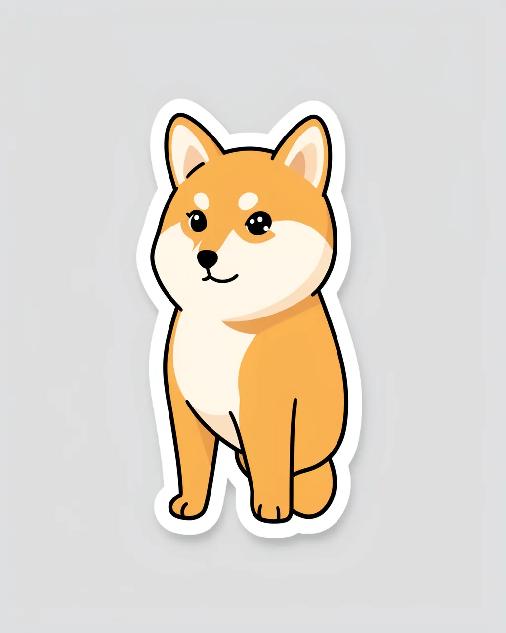 Die-cut sticker of a cute sitting shiba inu with a white border on a light gray background