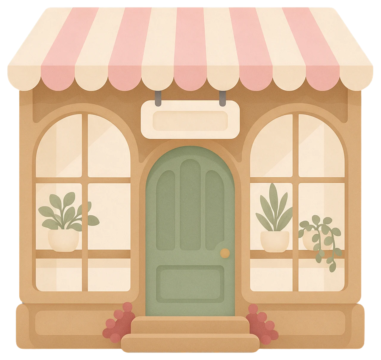 Flat vector illustration of a cozy small shop front with striped awning, sage door, and potted plants in windows