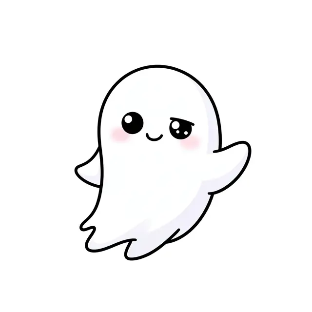 A chibi-style white cartoon ghost with pink blushes and a shy smile floats against a plain white background