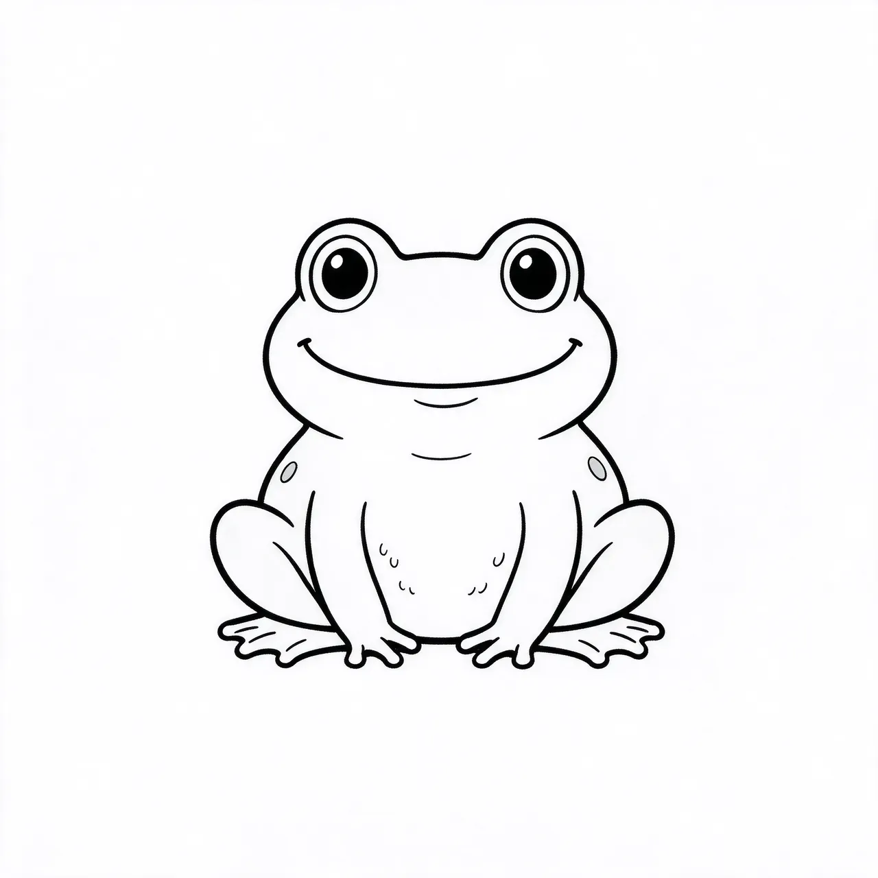 Minimal black line drawing of a smiling seated frog with bulging eyes on a plain white background
