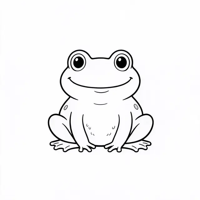 Minimal black line drawing of a smiling seated frog with bulging eyes on a plain white background