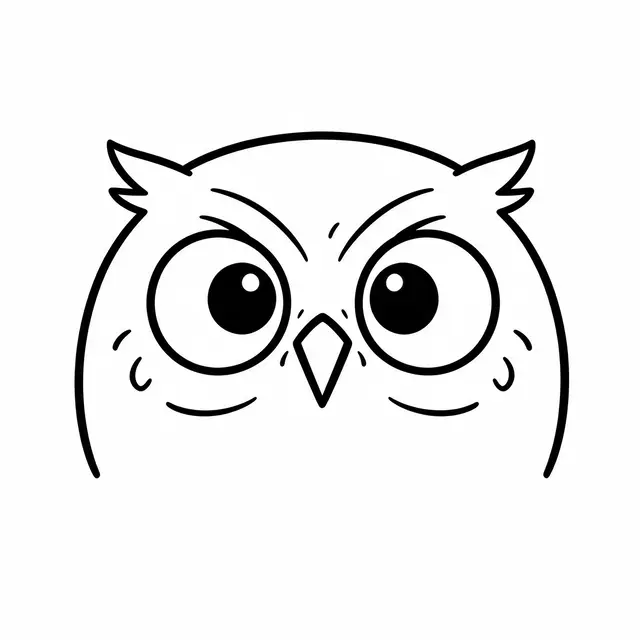 Minimalist black line drawing of an owl face with large round eyes and feather tufts on a white background