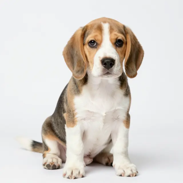 A fluffy beagle puppy with floppy ears sits facing the camera on a plain white background
