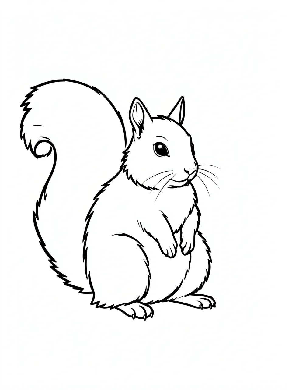 Bold black and white line art of a fluffy upright squirrel with a curled bushy tail on a plain white background