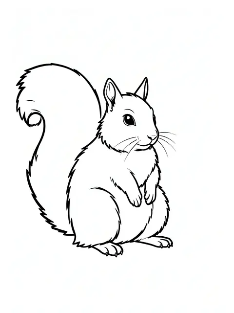 Bold black and white line art of a fluffy upright squirrel with a curled bushy tail on a plain white background