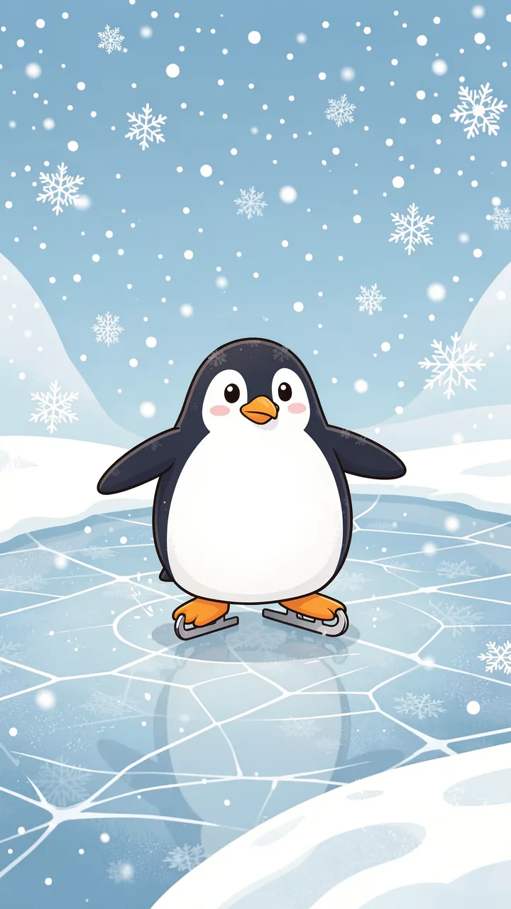 A cartoon penguin ice skates on a frozen snow-dusted pond under falling snowflakes