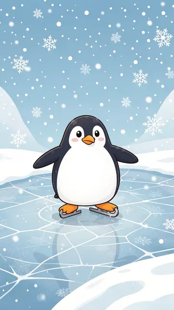 A cartoon penguin ice skates on a frozen snow-dusted pond under falling snowflakes