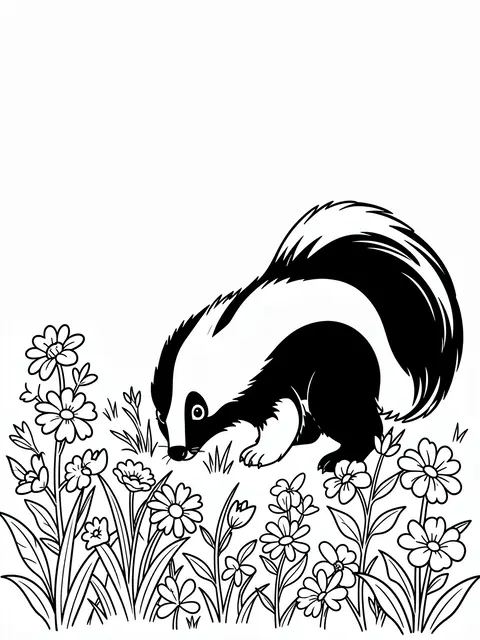 Bold black line art coloring page of a skunk leaning down to sniff blooming wildflowers on a plain white background