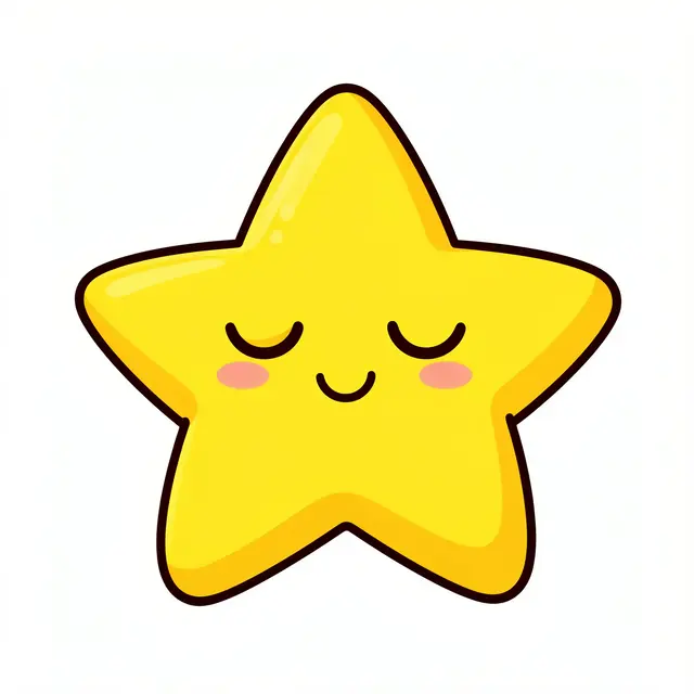 Chubby rounded yellow cartoon star with closed sleepy eyes and a tiny smile on a plain white background