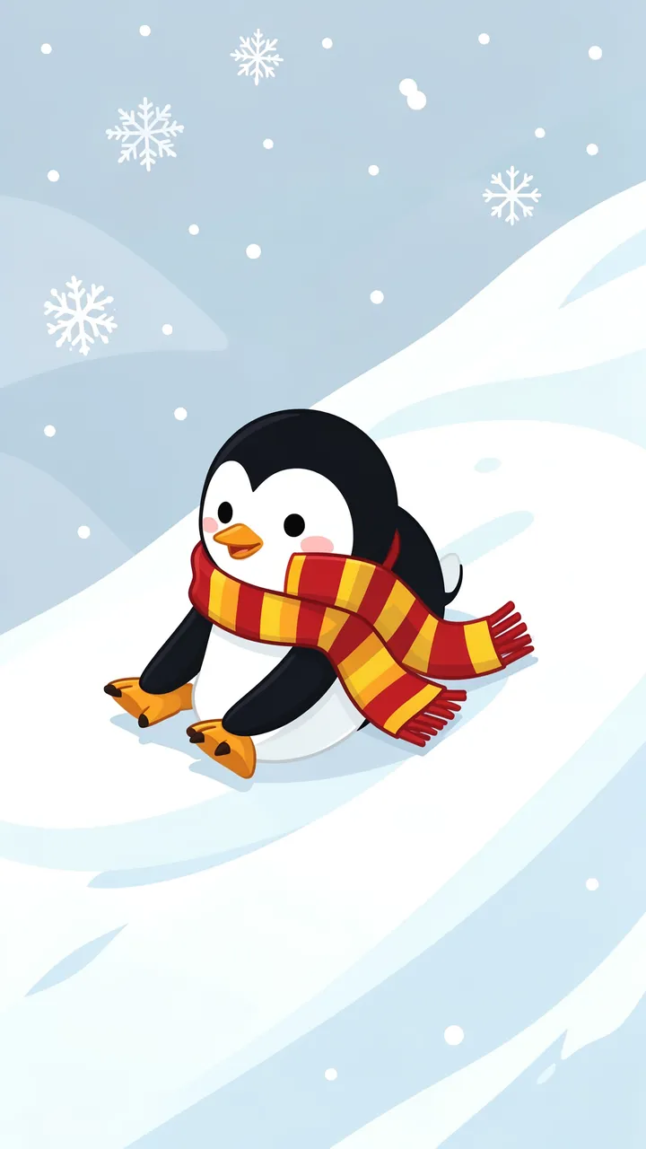 A cartoon baby penguin wearing a striped scarf slides down a snowy winter slope while snow falls.