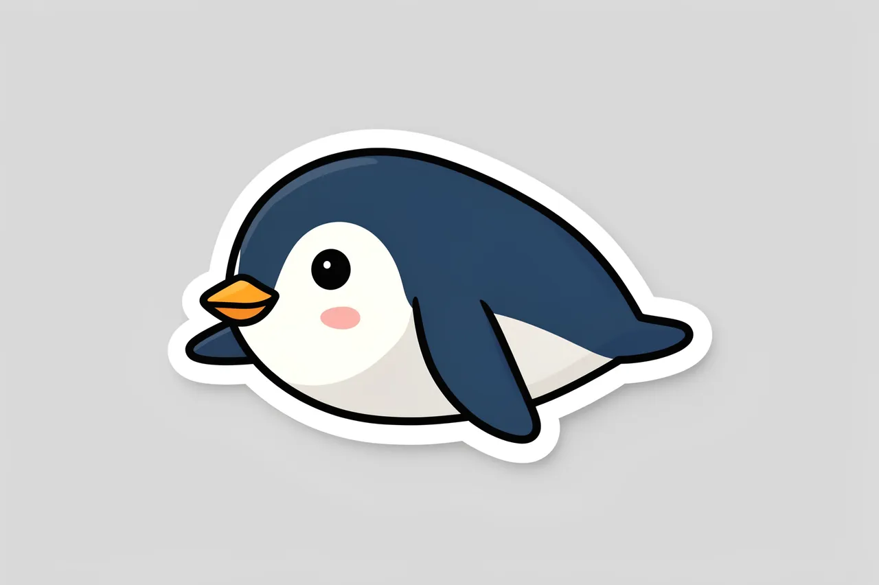 Die-cut flat illustration sticker of a cute penguin sliding on its belly on a light gray background