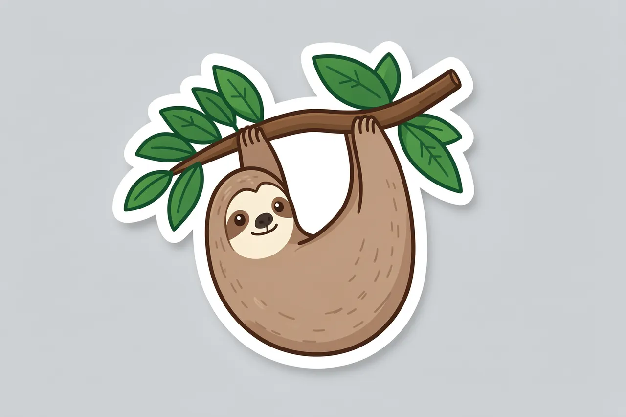 Die-cut sticker of a cartoon sloth hanging from a leafy branch on a light gray background