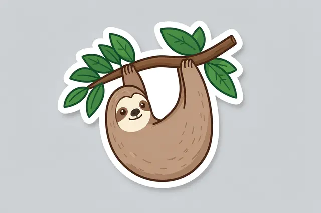 Die-cut sticker of a cartoon sloth hanging from a leafy branch on a light gray background