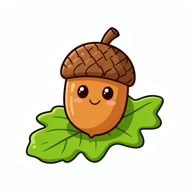 A cheerful cartoon acorn with a smiling face rests on a green oak leaf against a plain white background.