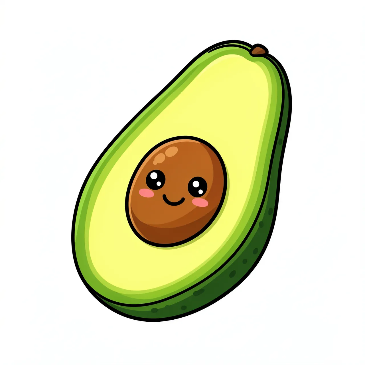 A cartoon avocado half with a cheerful smiling pit is isolated on a plain white background