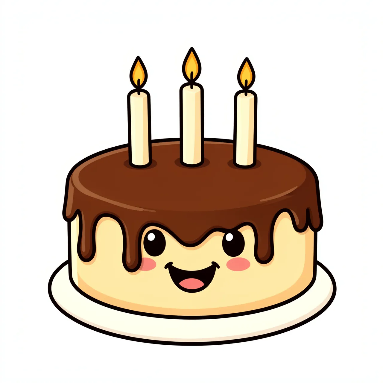 Cartoon round birthday cake with a happy face, chocolate drips, and three lit candles on a white plate