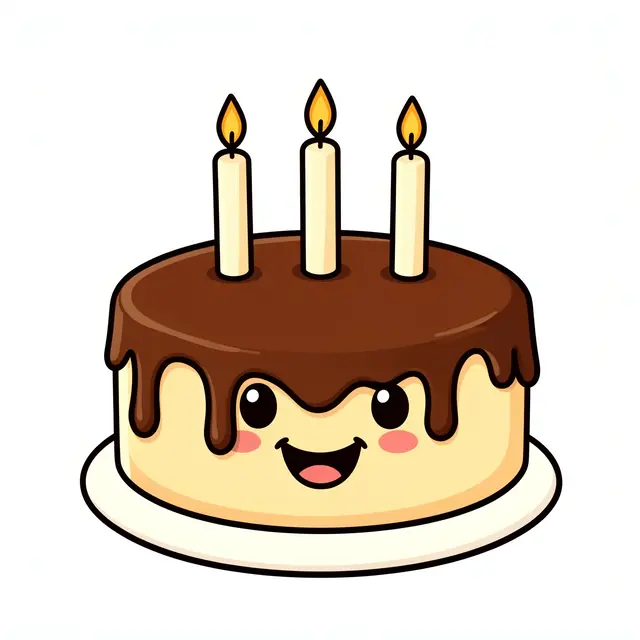 Cartoon round birthday cake with a happy face, chocolate drips, and three lit candles on a white plate