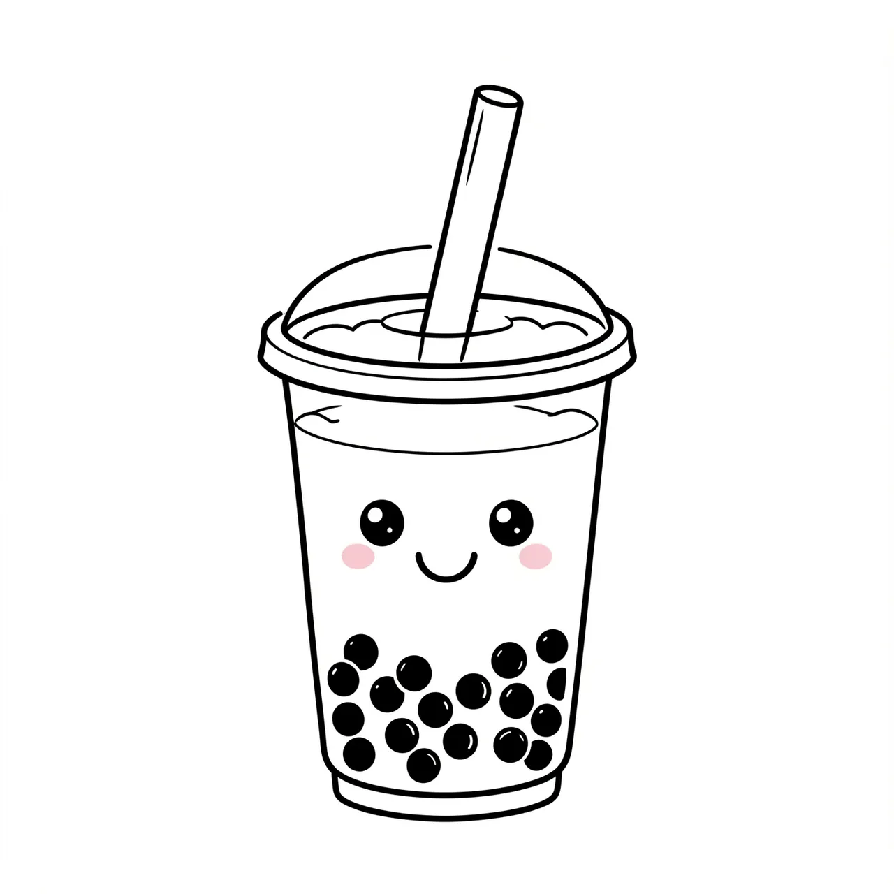 Simple line drawing of a cute smiling bubble tea cup with tapioca pearls and a straw on a white background