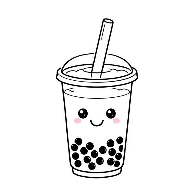 Simple line drawing of a cute smiling bubble tea cup with tapioca pearls and a straw on a white background