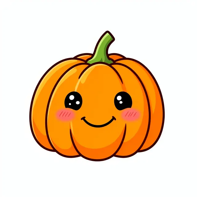 A cheerful cartoon pumpkin with blushing cheeks and a sweet grin sits isolated on a plain white background