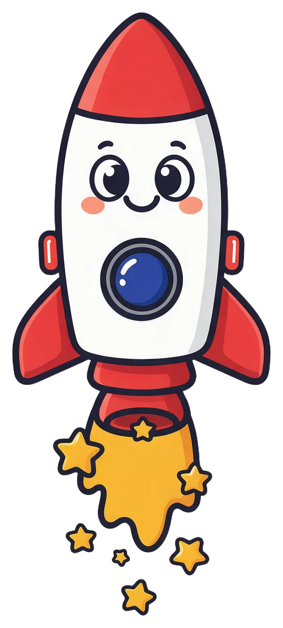Friendly red and white cartoon rocket with a smiling face and yellow star exhaust trail