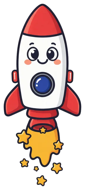 Friendly red and white cartoon rocket with a smiling face and yellow star exhaust trail