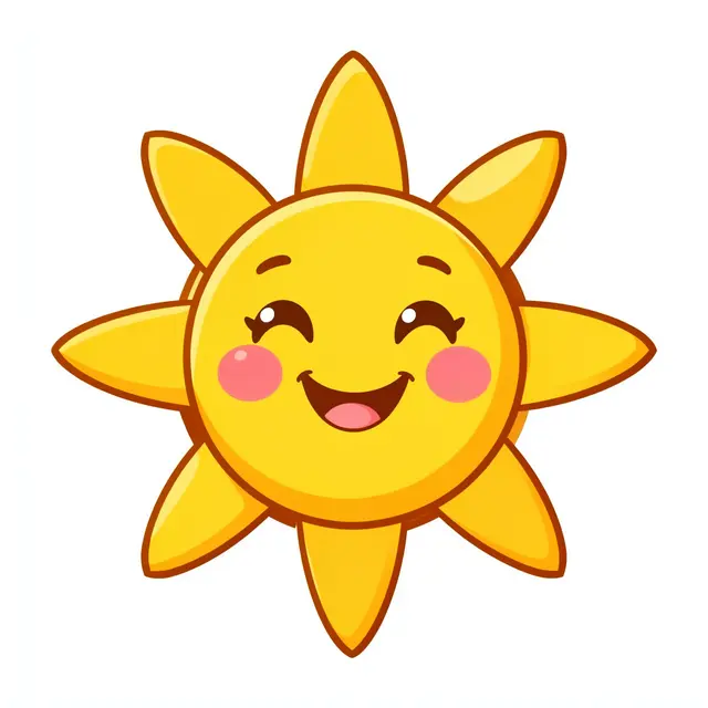 A cheerful winking cartoon sun with rosy cheeks and rounded rays sits on a plain white background