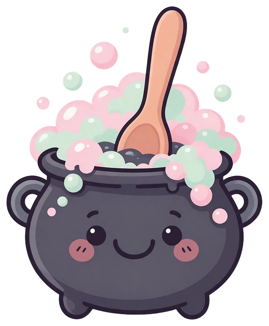 A friendly cartoon black cauldron with a smiling face, pastel bubbles, and a wooden spoon inside