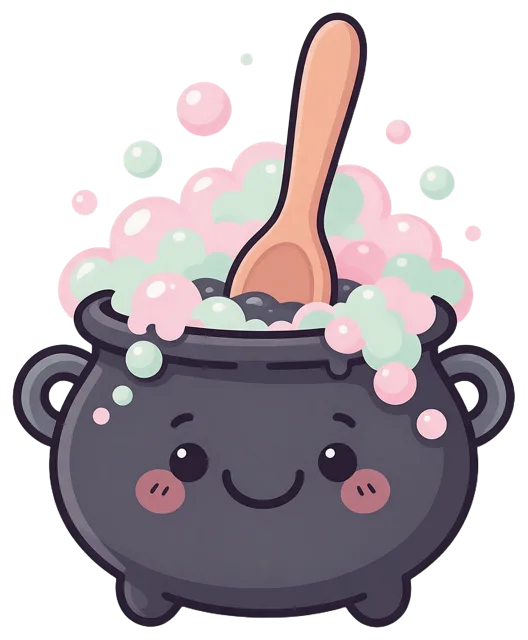 A friendly cartoon black cauldron with a smiling face, pastel bubbles, and a wooden spoon inside