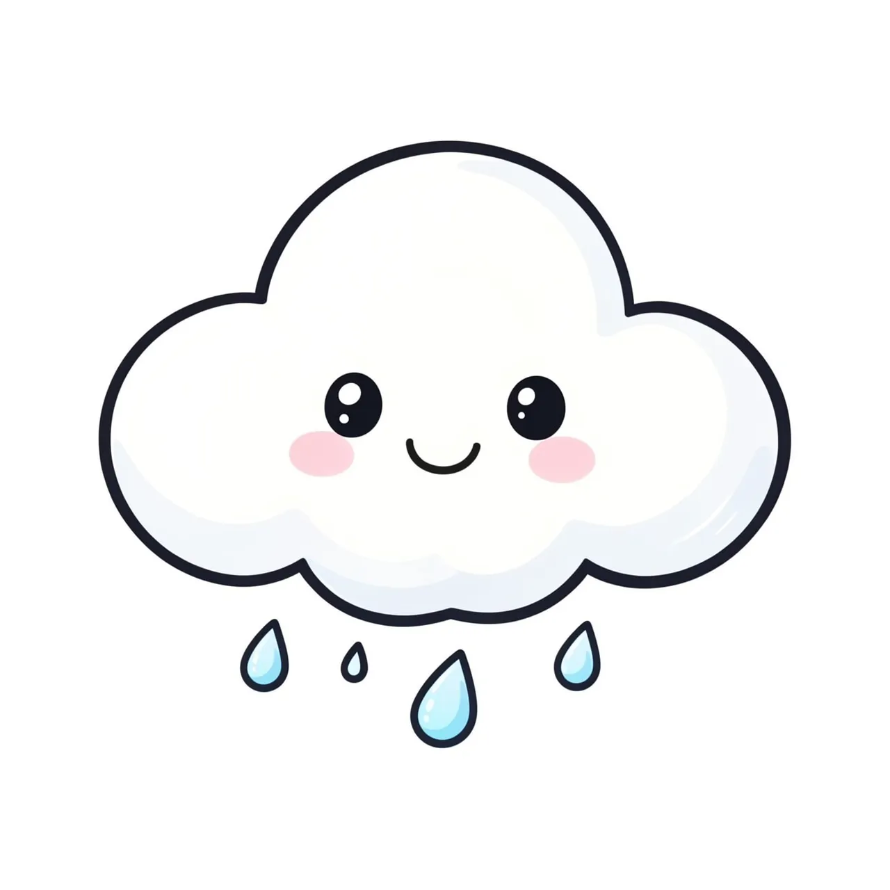 A fluffy cartoon cloud with a sweet smile and pink cheeks has small raindrops falling below it, on a plain white background
