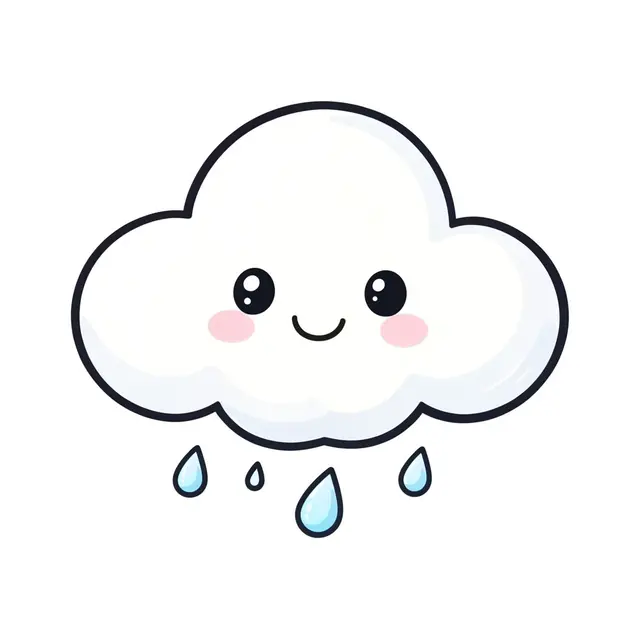 A fluffy cartoon cloud with a sweet smile and pink cheeks has small raindrops falling below it, on a plain white background