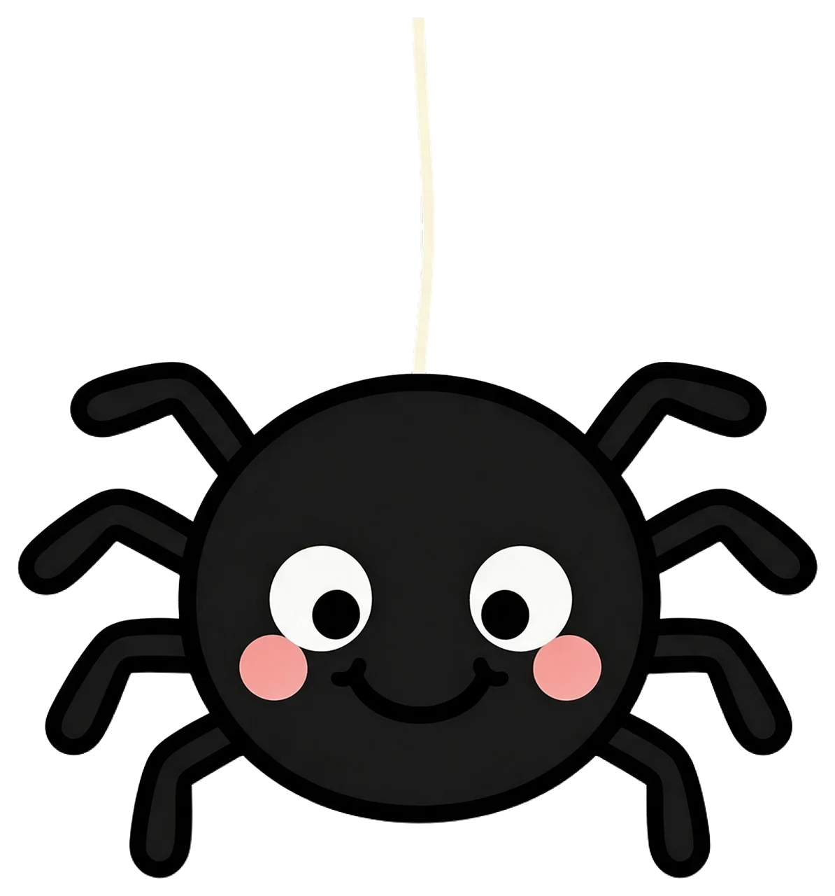 Friendly round black cartoon spider hanging from a thin silk thread with a happy smile and rosy cheeks