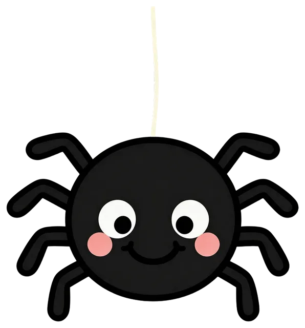 Friendly round black cartoon spider hanging from a thin silk thread with a happy smile and rosy cheeks