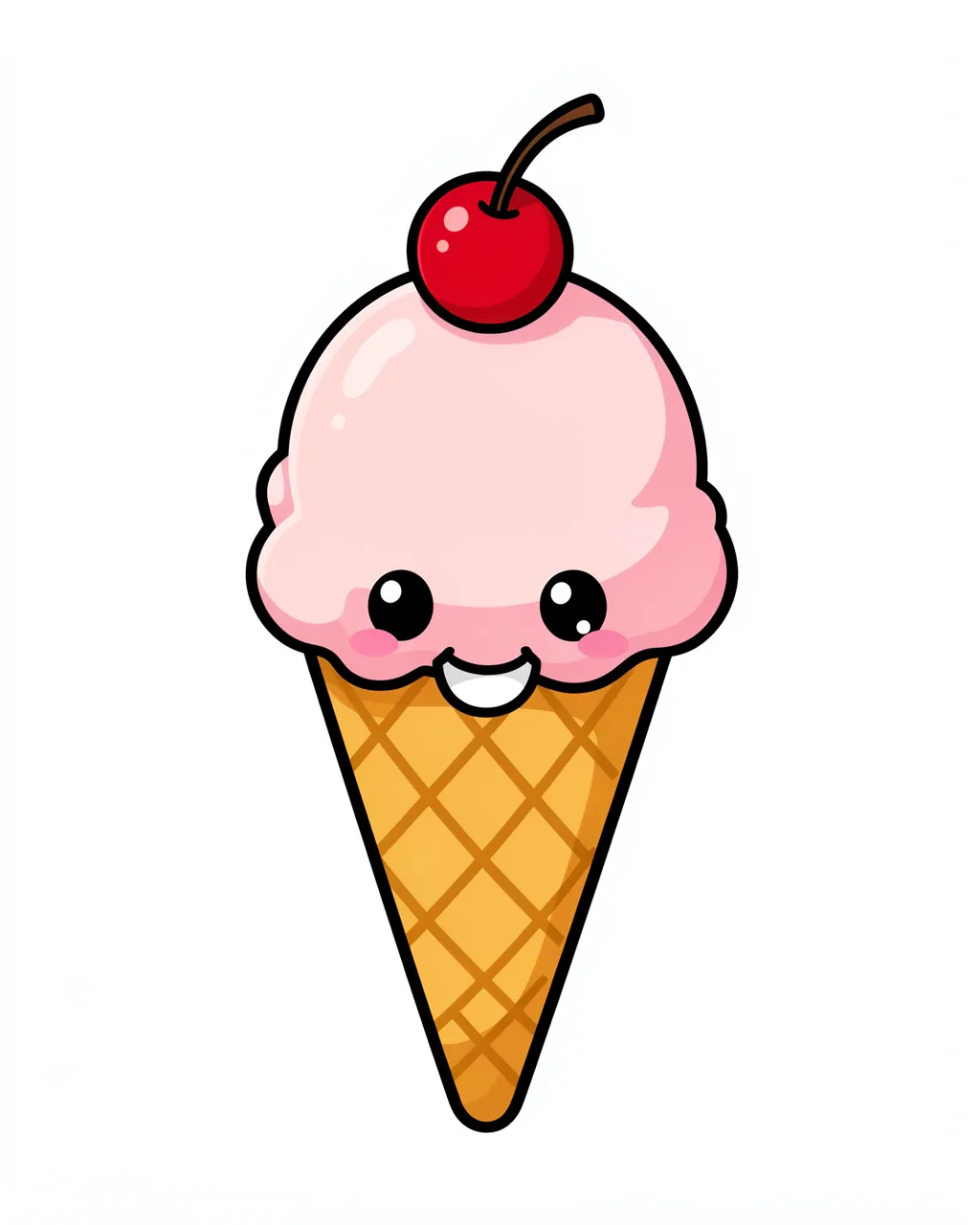 A cartoon kawaii ice cream cone with a smiling face, pink scoop, waffle cone and cherry on top against a plain white