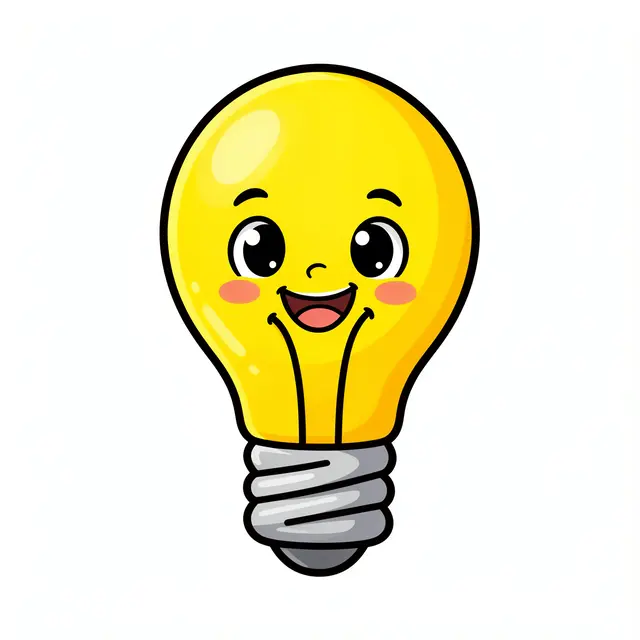 A cheerful cartoon light bulb mascot with a happy face, isolated on a plain white background