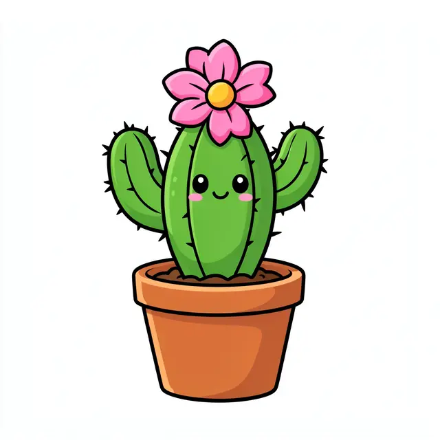 Cartoon illustration of a smiling potted cactus with a pink bloom isolated on a white background