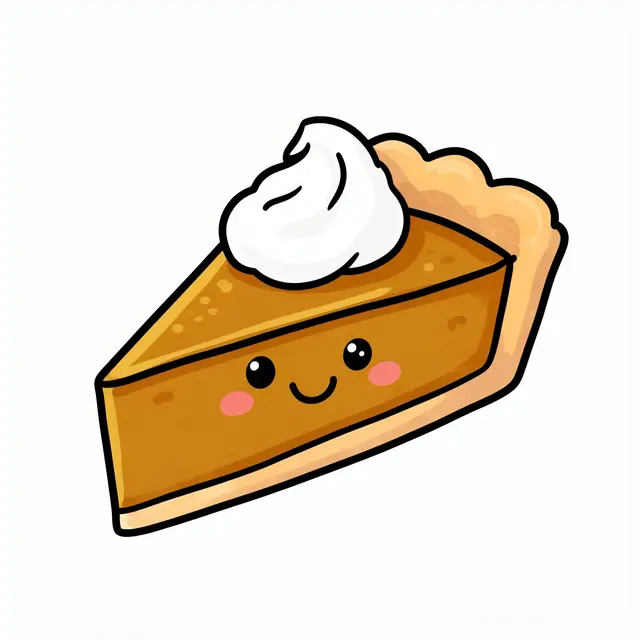 Cartoon slice of pumpkin pie with whipped cream and a happy smiling face on a plain white background