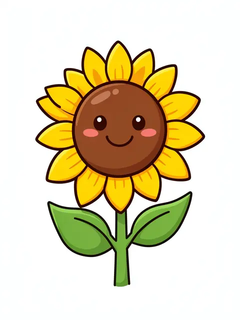 Cartoon smiling sunflower with a brown round face, yellow petals and green leaves on a white background