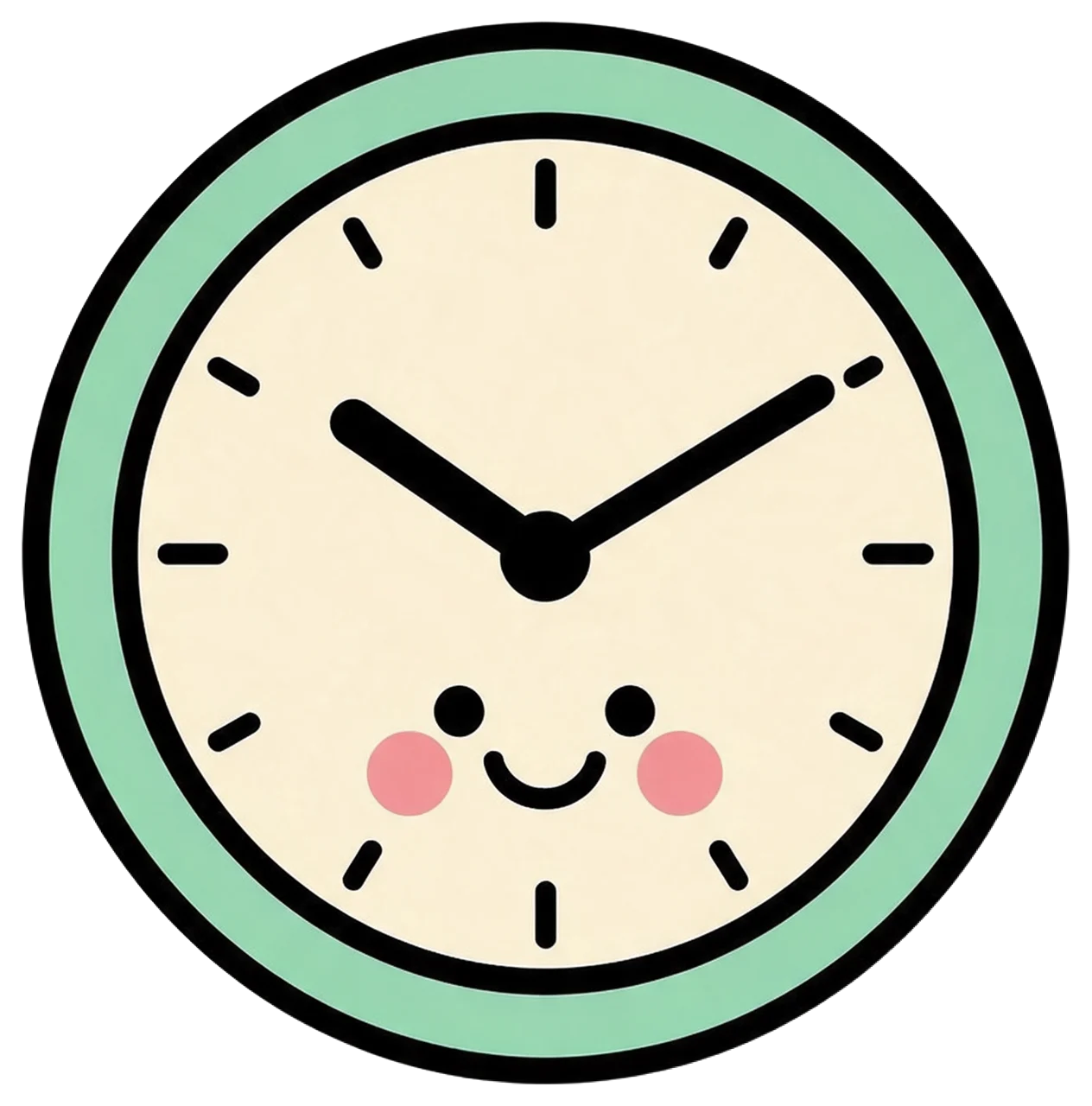 Round cartoon wall clock with a friendly happy face showing ten past ten