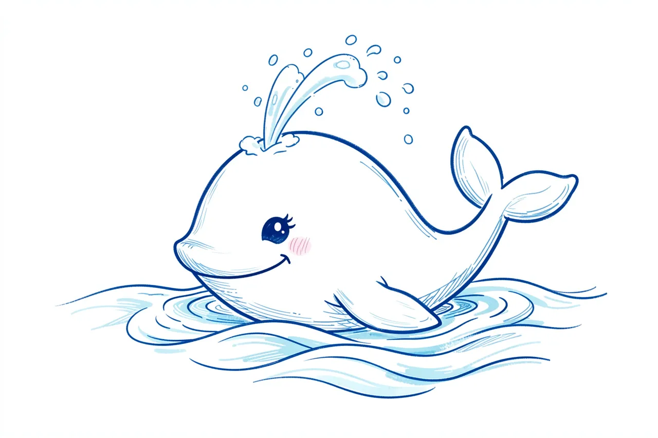 A charming blue ink line drawing of a smiling whale spouting water above gentle waves on a white background
