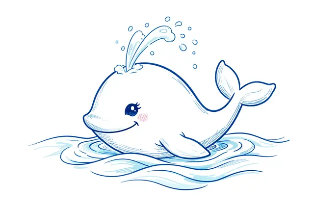 A charming blue ink line drawing of a smiling whale spouting water above gentle waves on a white background