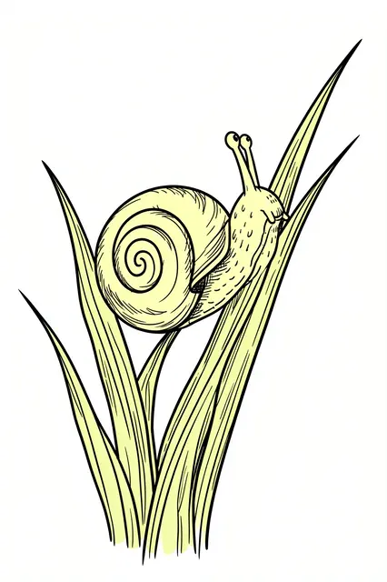 Black ink line drawing of a snail with a swirly pale yellow shell climbing grass blades