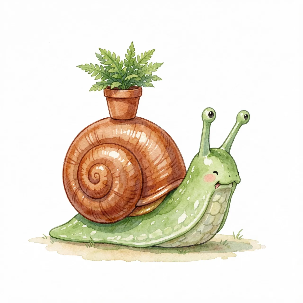 A smiling cartoon snail carries a tiny potted fern balanced on its shell