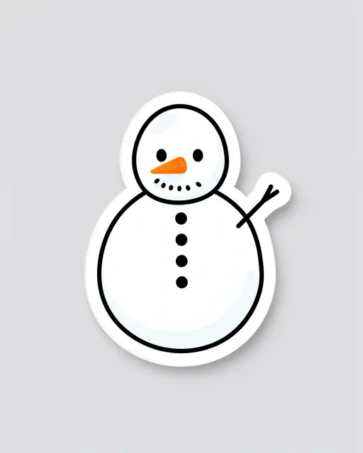 Flat illustration die cut sticker of a waving snowman with carrot nose on a light gray background