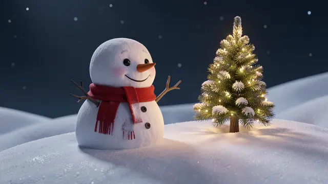 A smiling snowman in a red scarf stands beside a lit small fir on a snowy night hill