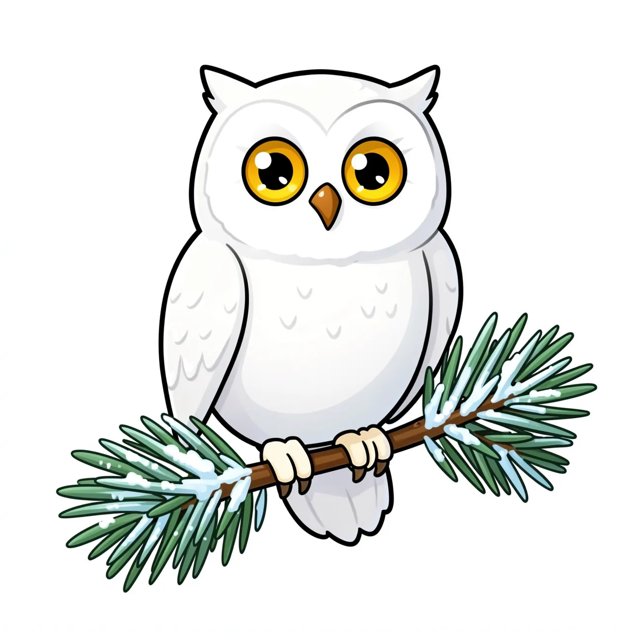 Cartoon snowy owl with big yellow eyes perched on a frosty pine twig against a plain white background