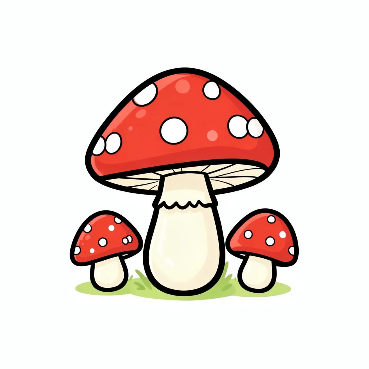 Cartoon illustration of a large red spotted fly agaric mushroom flanked by two smaller matching mushrooms on grassy ground